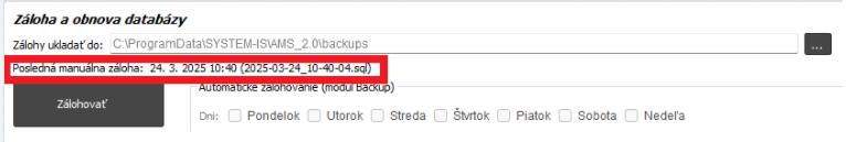 Nastavenia - Dochádzkový server - Záloha a obnova databázy