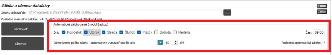 Nastavenia - Dochádzkový server - Automatické zálohovanie