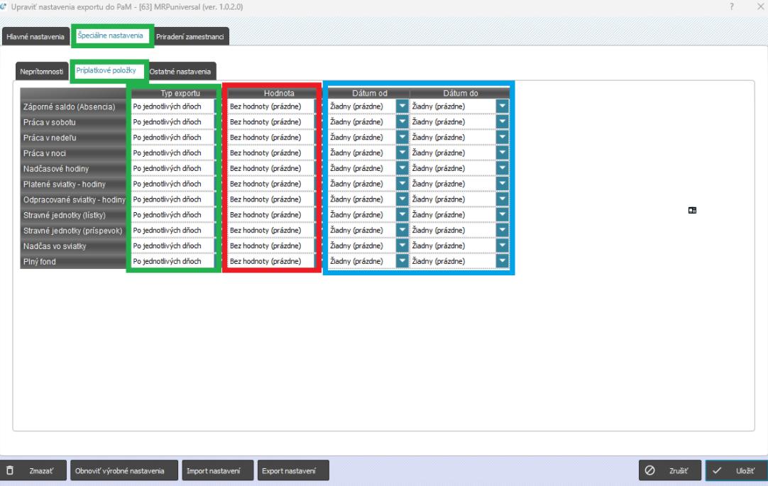 MRP Universal - špeciálne nastavenia - príplatkové položky
