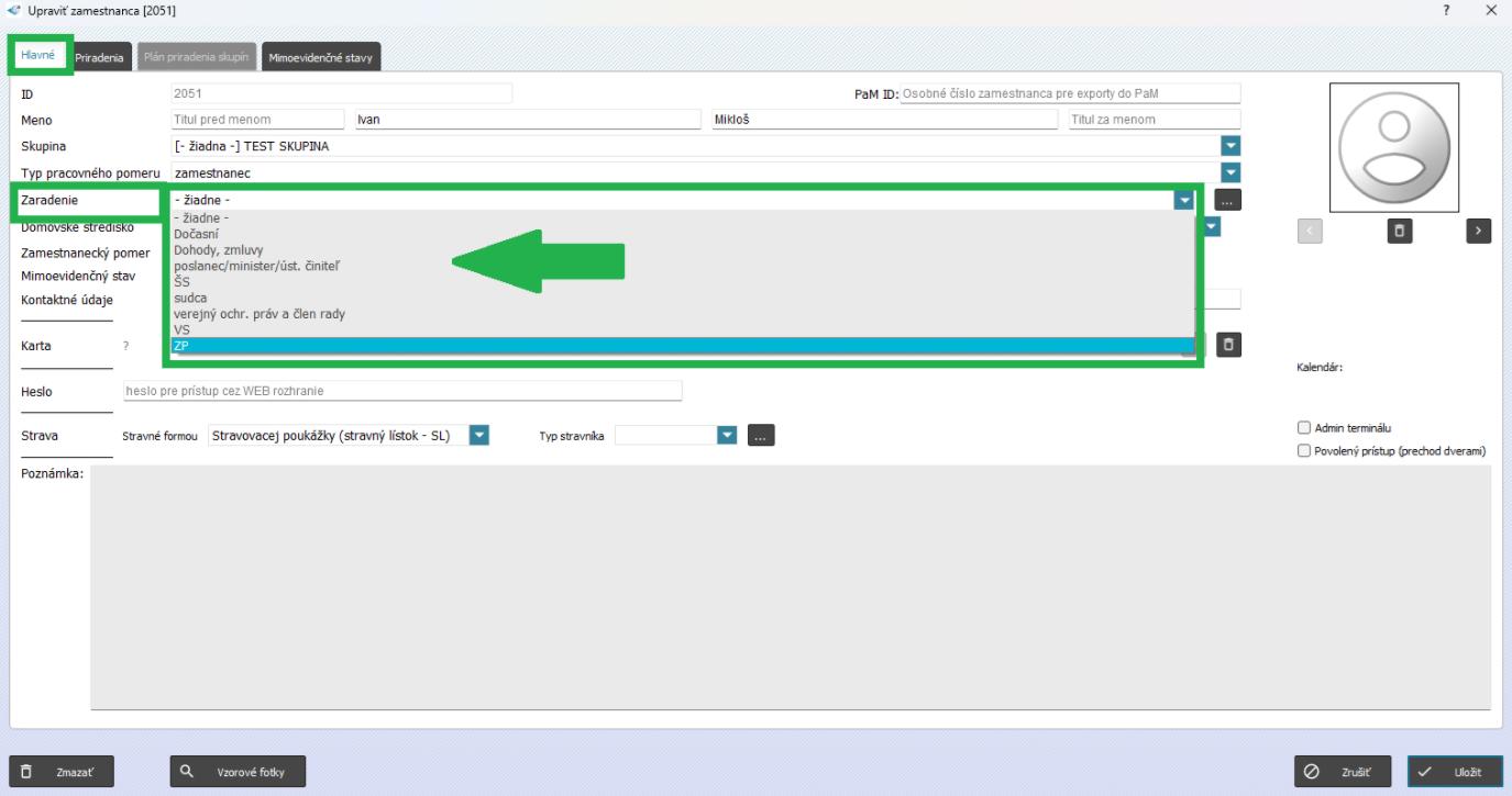 Zaradenie v karte zamestnanca