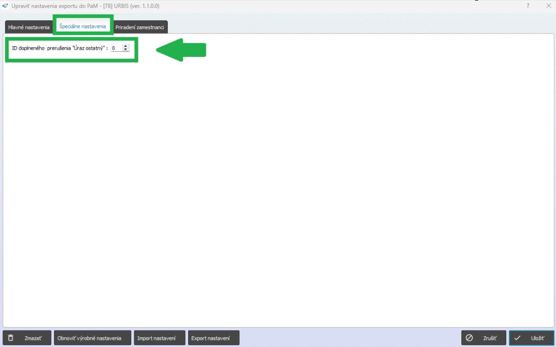Urbis - Špeciálne nastavenia