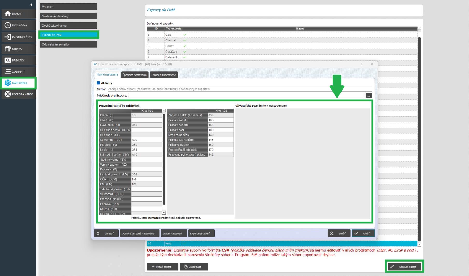 Nastavenie prevodných kódov exportného mostíka