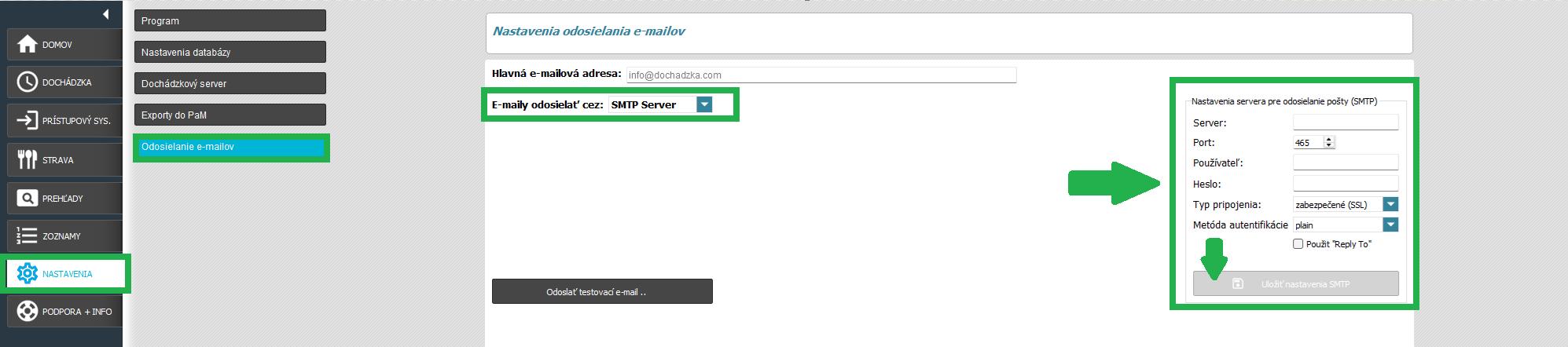 Nastavenia - odosielanie e-mailov - nastavenie smtp servera
