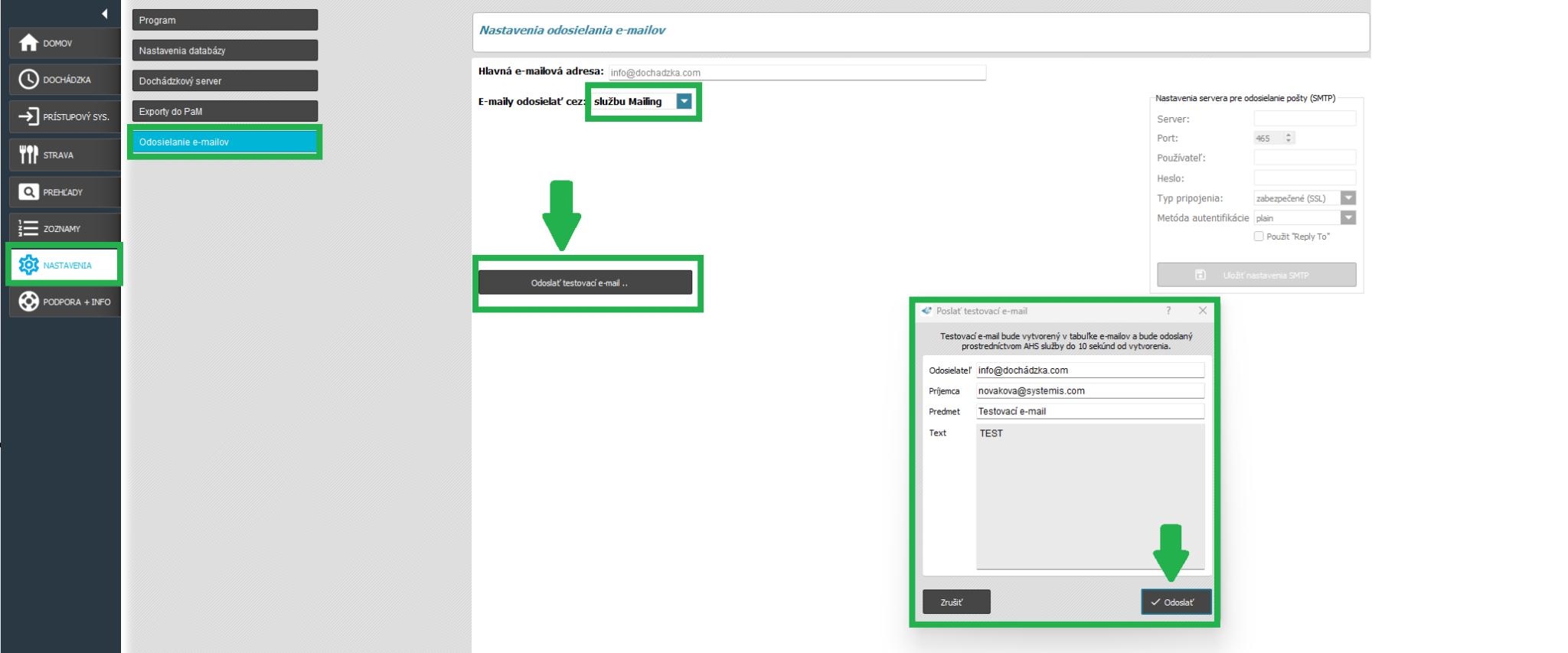 Nastavenia - odosielanie e-mailov - odoslať testovací e-mail