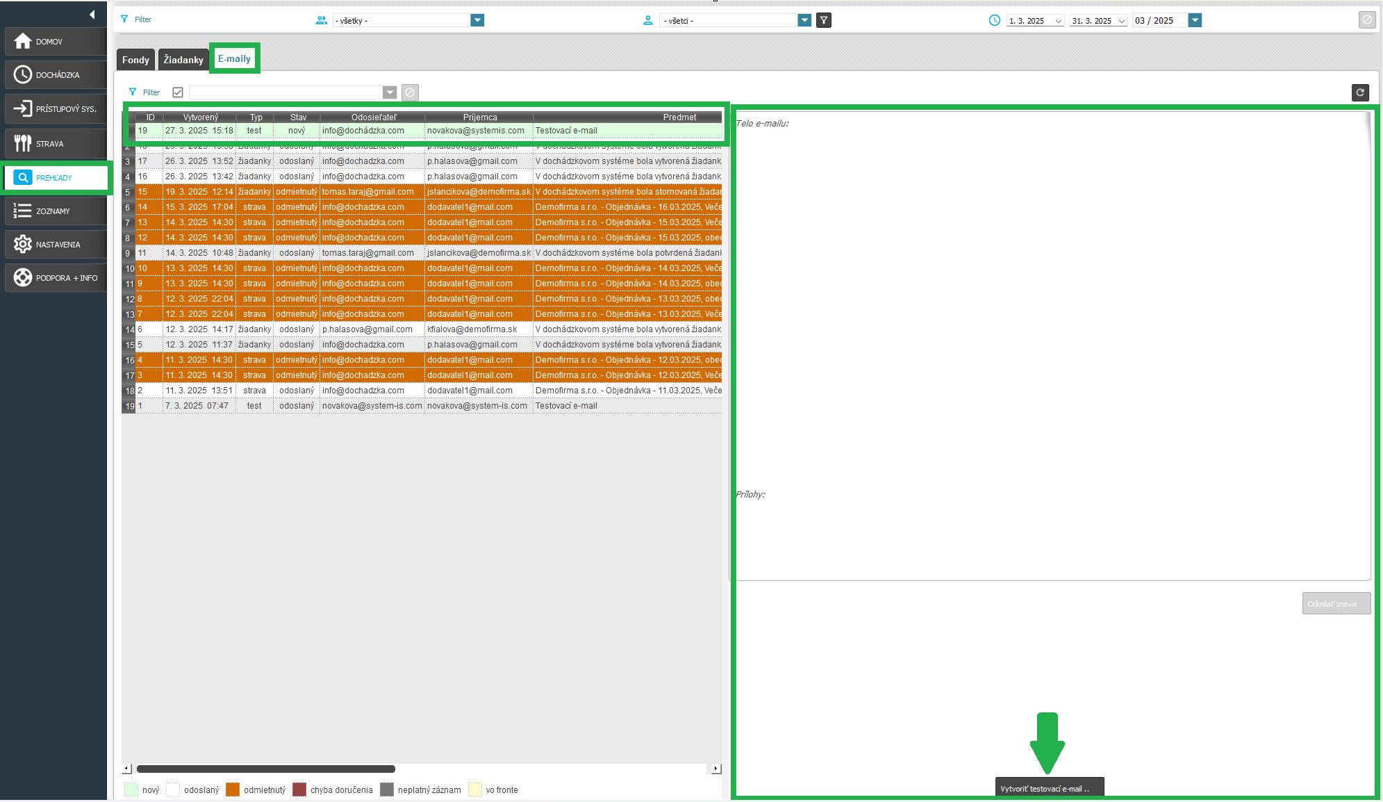 Prehľady - e-maily - odoslať testovací e-mail