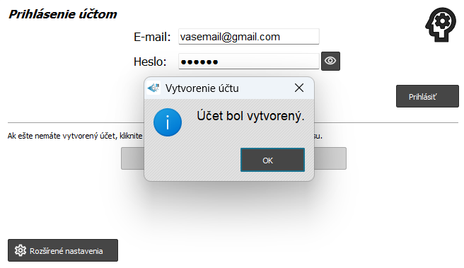 Informácia o vytvorení konta