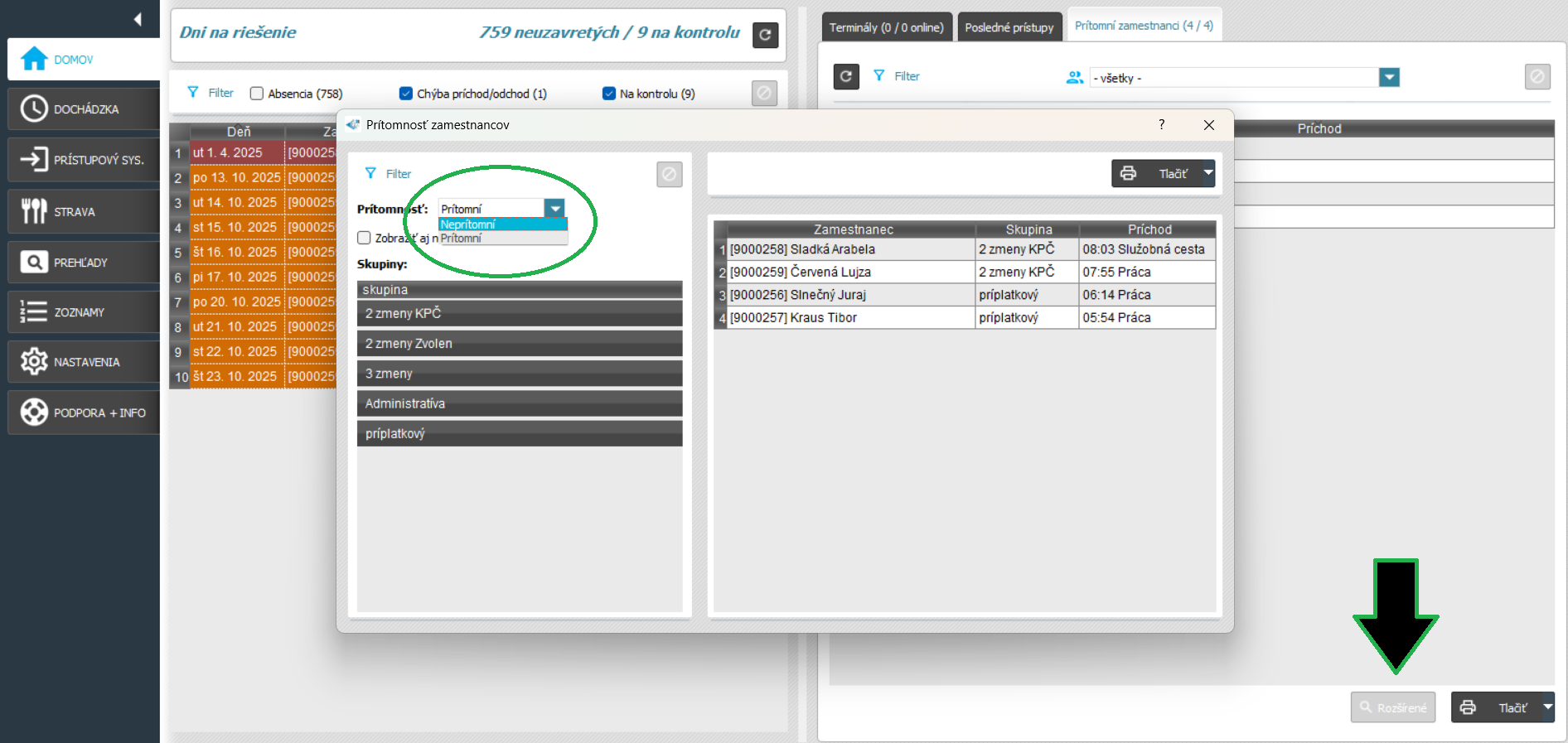 Zobrazenie neprítomných zamestnancov
