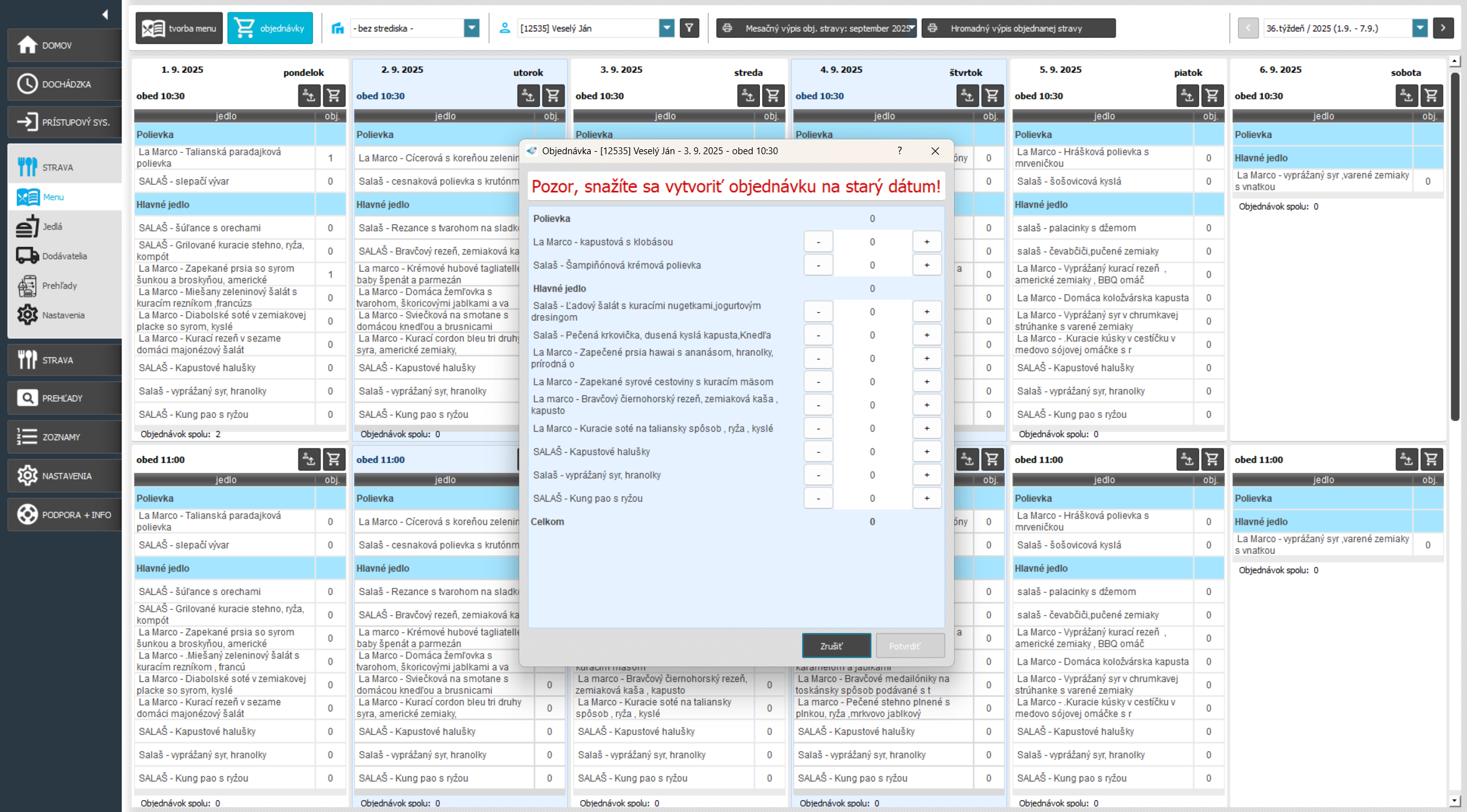 Stravovací systém objednávky zamestnancov