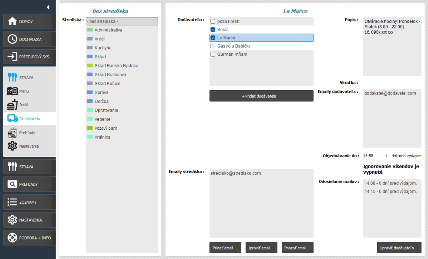 Stravovací systém dodávatelia