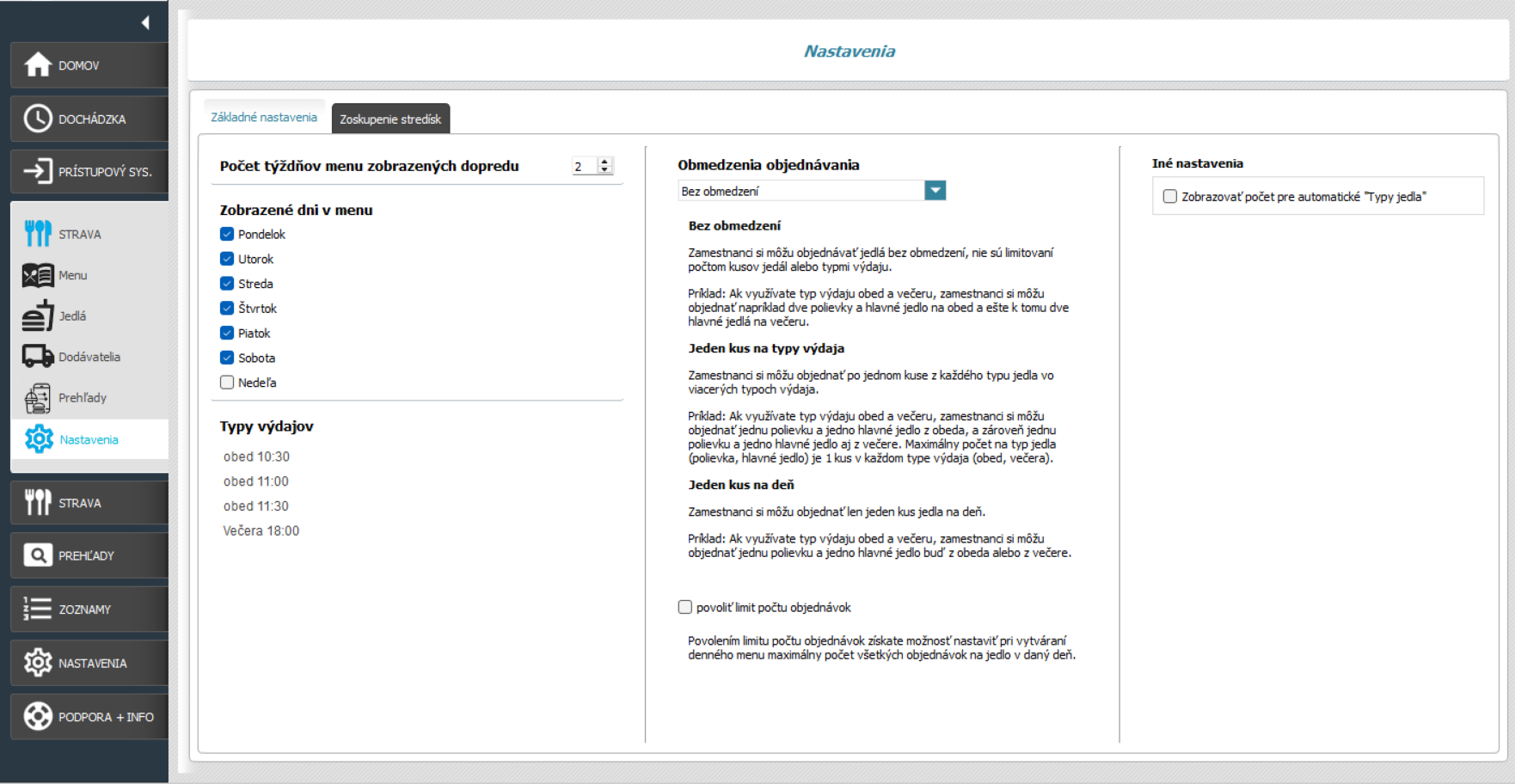 Stravovací systém nastavenia