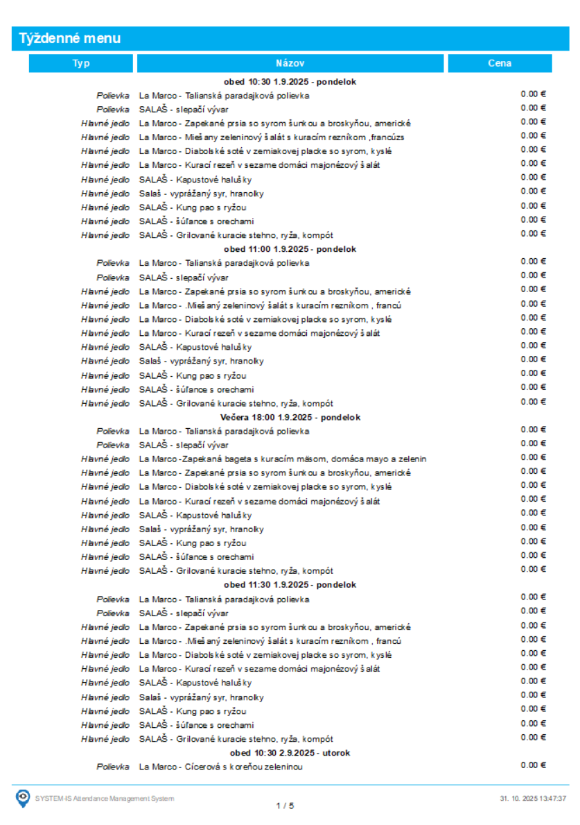 Stravovací systém výpis objednávok