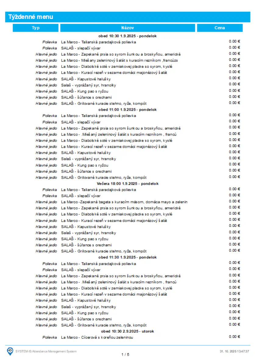 Stravovací systém týždenné menu