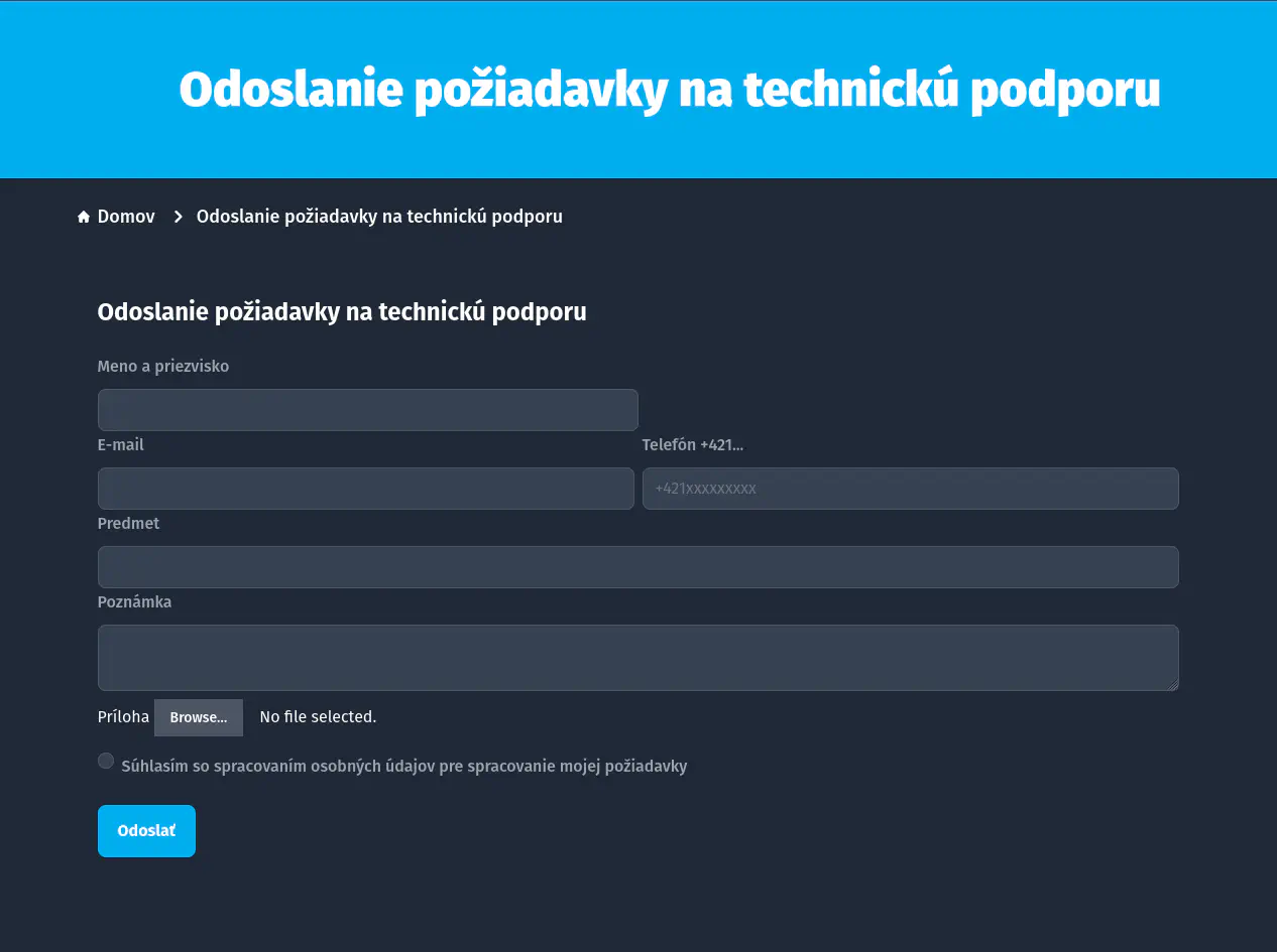 Odoslanie požiadavky na podporu