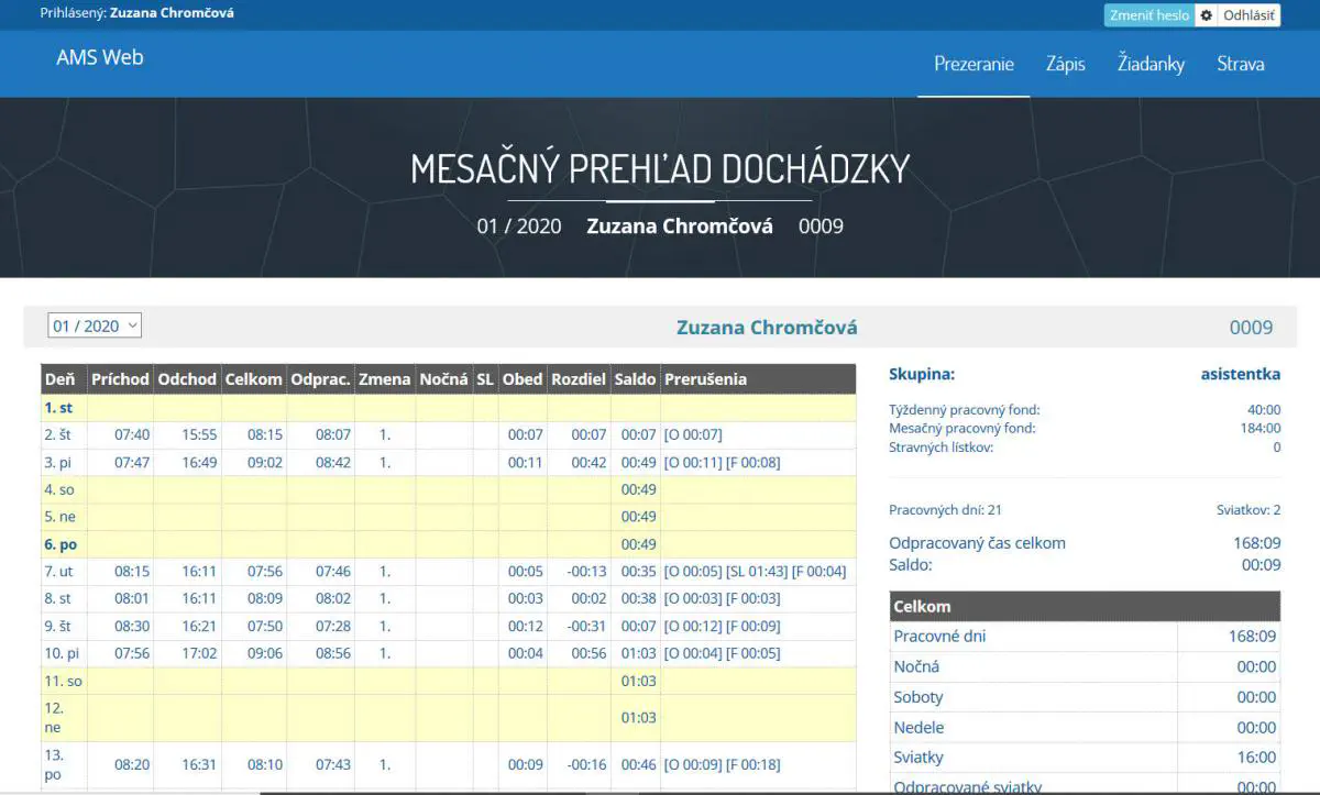 Zobrazenie mesačného prehľadu vo webovom terminály