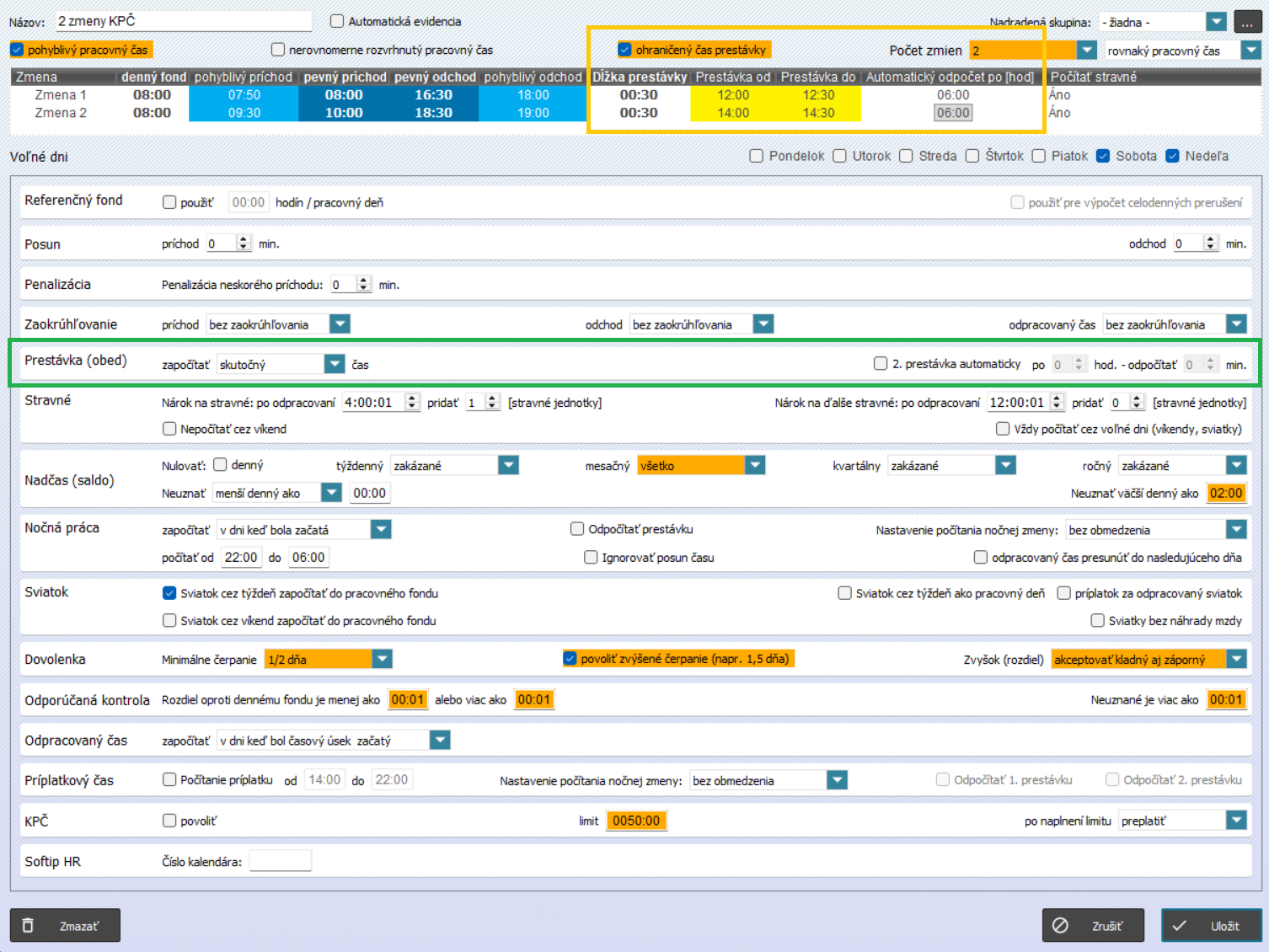 Nastavenia prestávky
