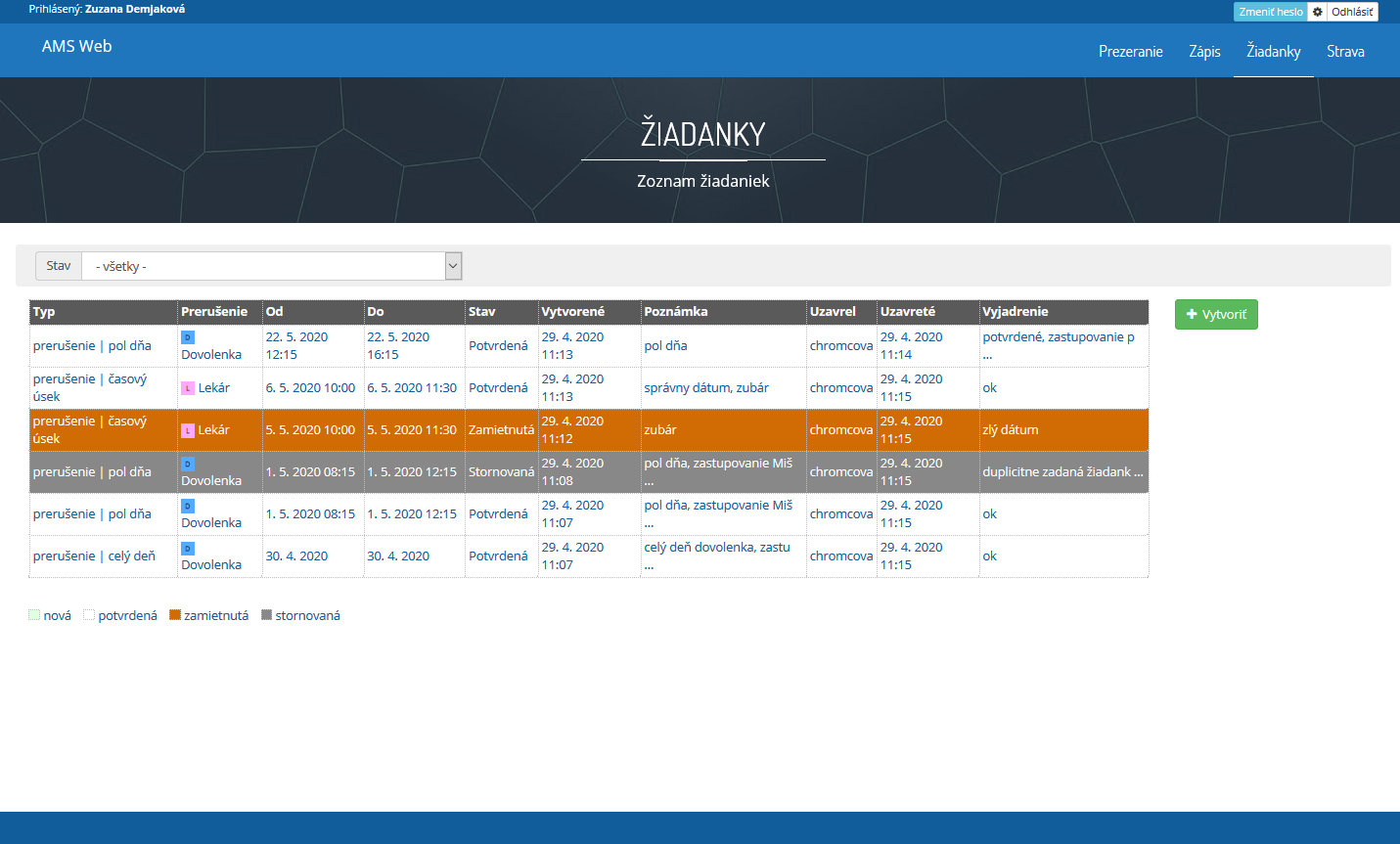 Žiadankový systém Web terminal prehľad žiadaniek