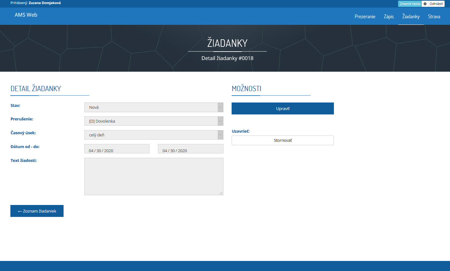 Žiadankový systém Web terminal upravenie žiadanky