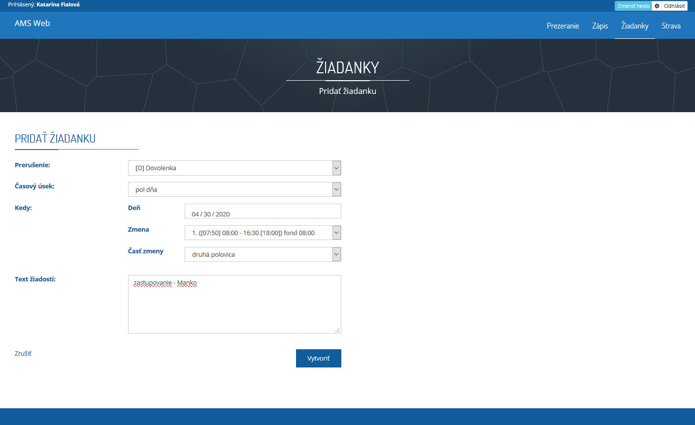 Žiadankový systém Web terminal pridanie žiadanky